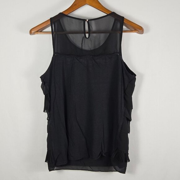 Express Black Sheer Asymmetrical Blouse Sleeveless Ruffle Keyhole Whimsy Goth - Picture 2 of 13